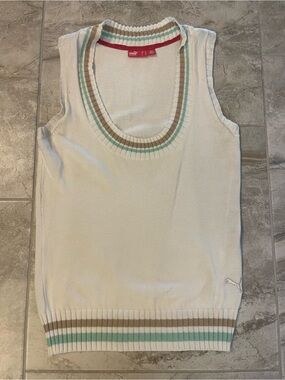 Puma Women's Cream Sleeveless V-Neck Sweater Vest with Mint & Tan Trim